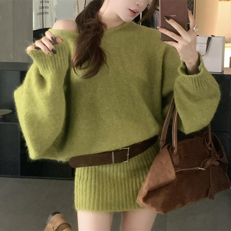 2026 Autumn Winter One-Shoulder Long Sleeve Sweater-Dress Combo | Korean Fashion 2026新品秋冬季内搭打底毛衣包臀裙韩系穿搭一字肩长袖连衣裙子女20260314