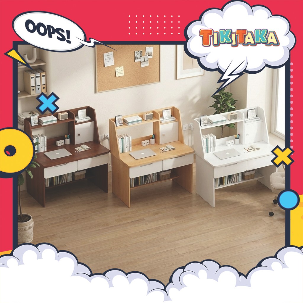 Meja Belajar Minimalis Modern Design Kid Adult Computer Study Table Student Desk with Integrated Bookshelf Home Table