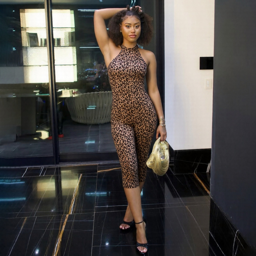 Cutenew Flocking Backless Romper Women Sexy Leopard Print Tight Bandage Midnight Hipster Street Activity Sleeveless Playsuit