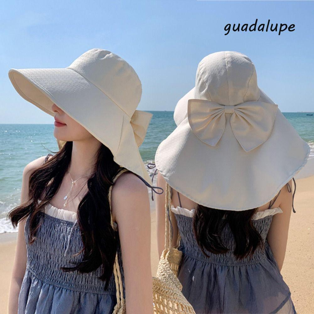 GUADALUPE Bow Bucket Hat, UV Protection Wide Brim Outdoor Sun Hat, Breathable Sunscreen Portable Adjustable Fisherman Cap Women