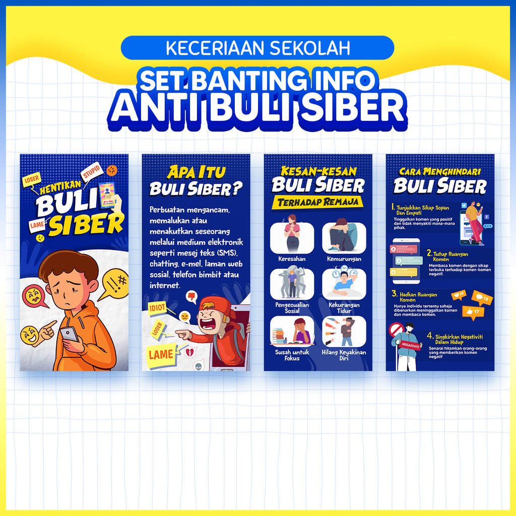 (4in1) SET INFO ANTI BULI SIBER / CYBER BULLY - Keceriaan Hiasan Kaunseling Sekolah Dinding Koridor