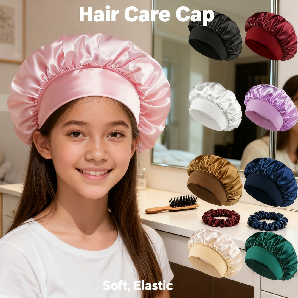 Bonnets Sleep Wide-Brimmed Soft Satin Cap Sleep Hat Long Silk Adjustable Stylish Solid Hair Bonnets