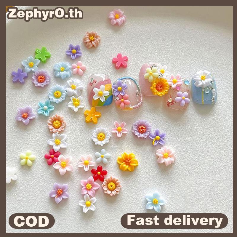 null 50pcs Colorful Flower Nail Accessories Daisy Five Petal Flower Resin Nail Drill 3D Mixed Flowers Nail Jewelry Decorative Materia null