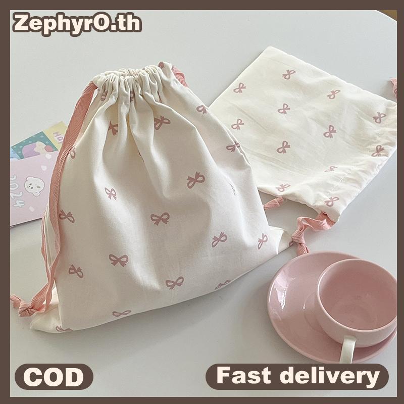 null Cute Pink Bowknot Print Travel Skincare Drawstring Storage Bag Makeup Bag Underwear Clothing Bag Portable Organizer Bag null