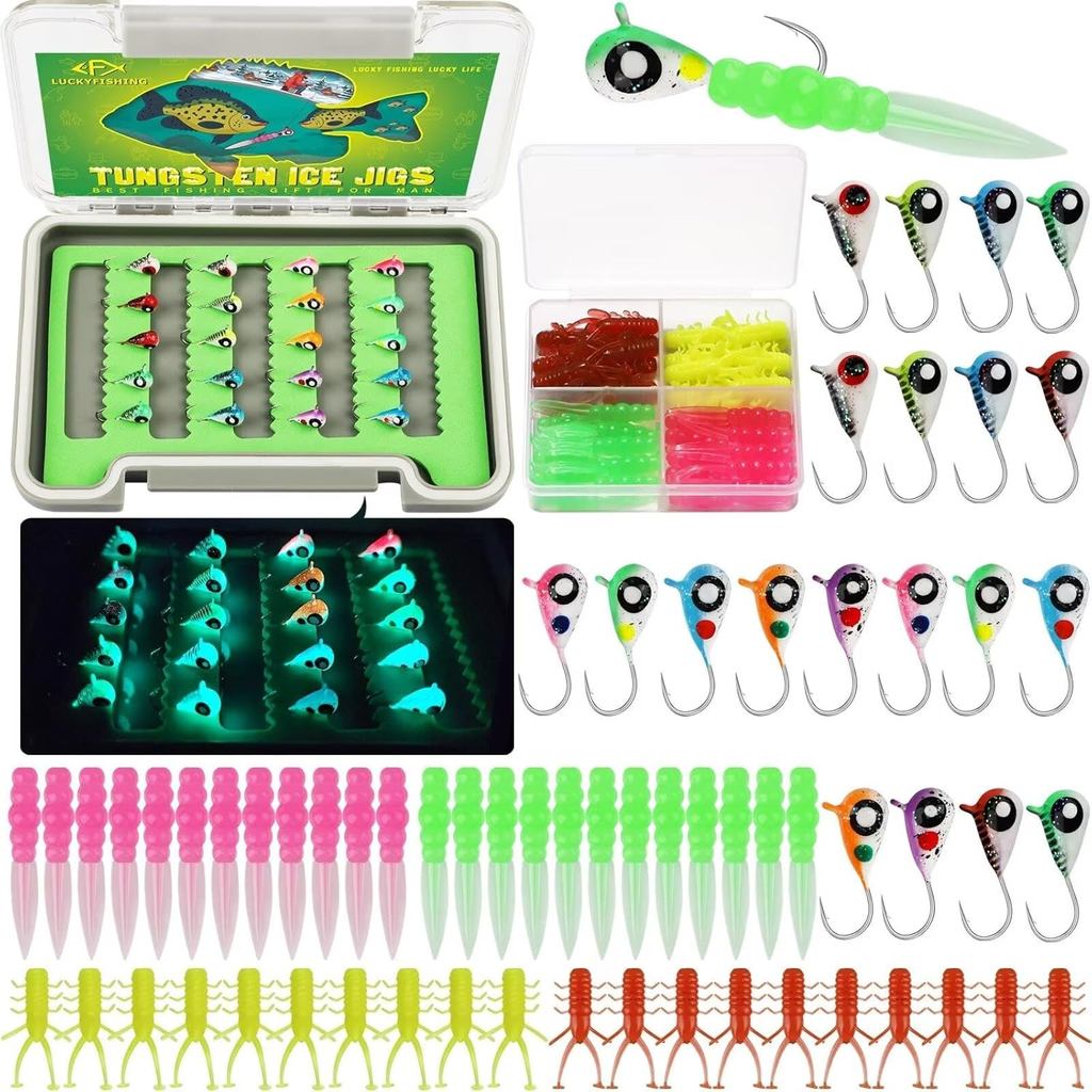 LUCKYFISHING Jig Memancing Ais Tungsten 20pcs/60pcs Umpan Memancing Ais Bersinar dalam Gelap 1/16oz (1.85g) Umpan Crappie Peralatan Memancing Ais untuk Panfish Walleye Crappie Hadiah Memancing Ais