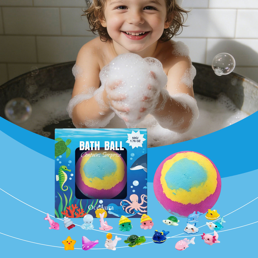 50g Safe Bubble Bath Toy​ – Ocean Animal Bath Bomb with 1 Random Surprise Toy, Kids Fun Foaming Ball (Clean Rinse Gift)