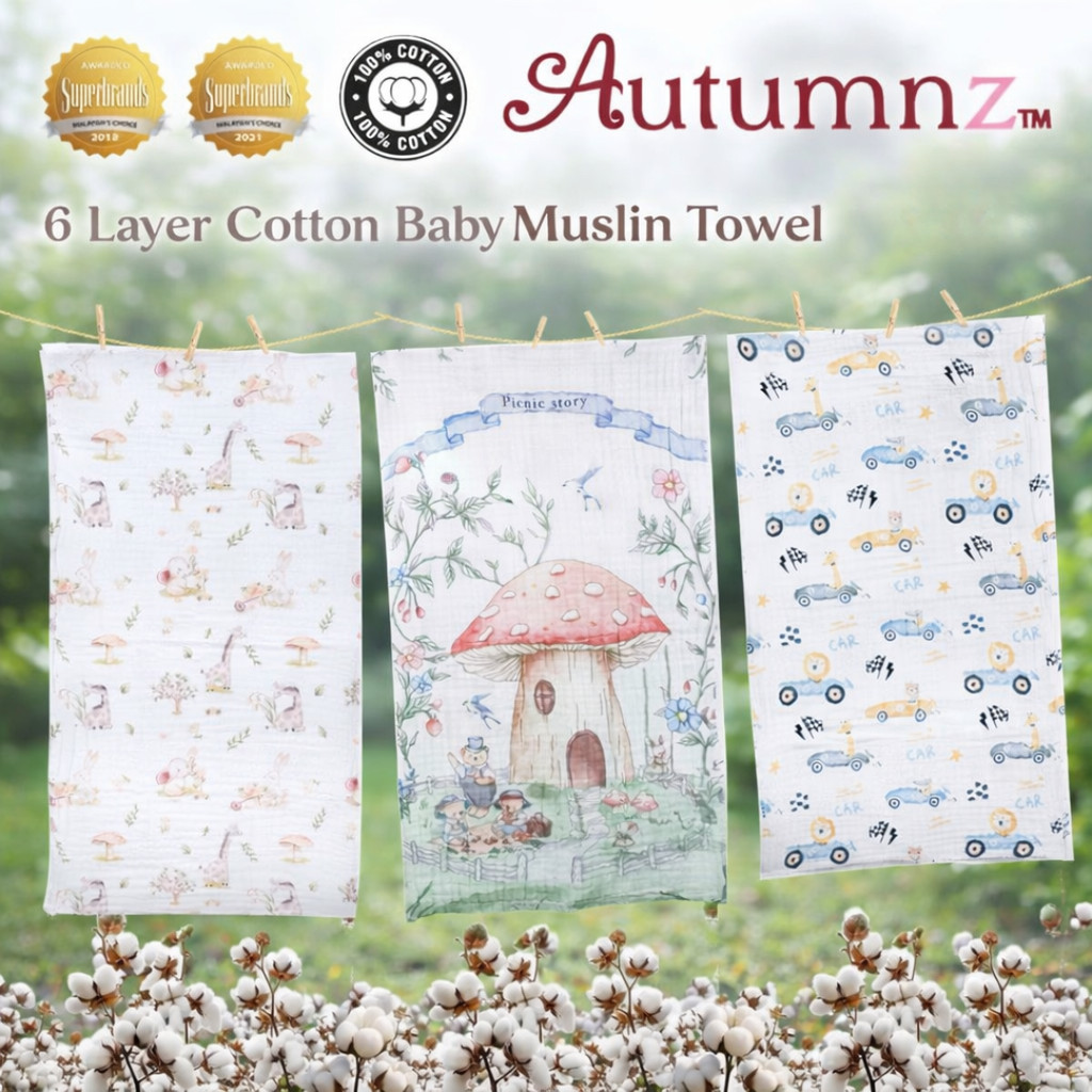 *NEW* Autumnz 6 Layer Cotton Baby Muslin Towel | Tuala Muslin Bayi