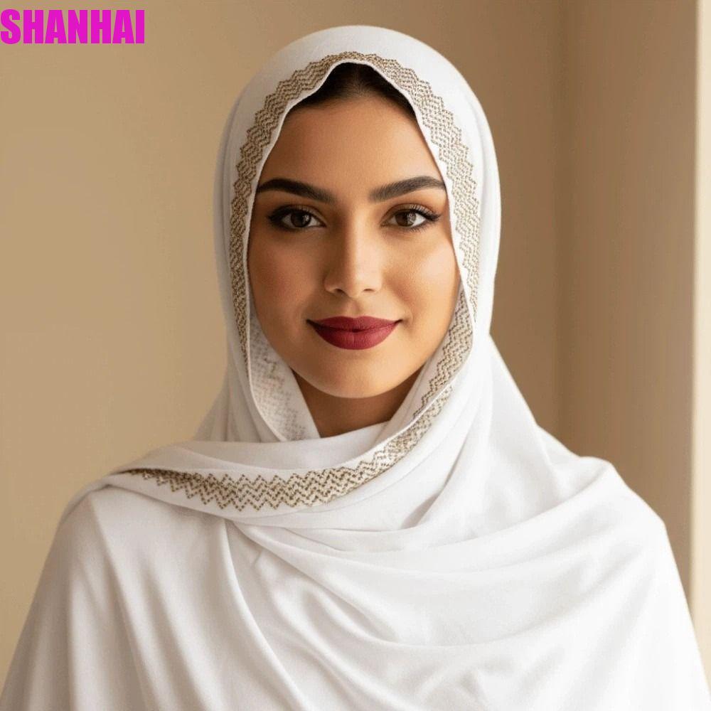 SHANHAI Smooth Silk Headscarf, Solid Color Sunscreen Rhinestone Chiffon Hijab Scarf, Veil Sweat-absorption Polyester Long Thin Large Shawl Women