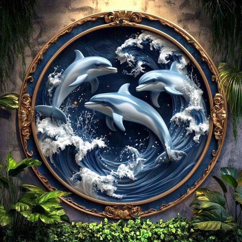 Vintage-Inspired Dolphin Trio Aluminum Wall Art, Oceanic Scene with Golden Frame, Ideal for Living Room, Office Decor, Nautical Decor, Holiday Gift, 20x20cm/30x30cm, 2D Flat