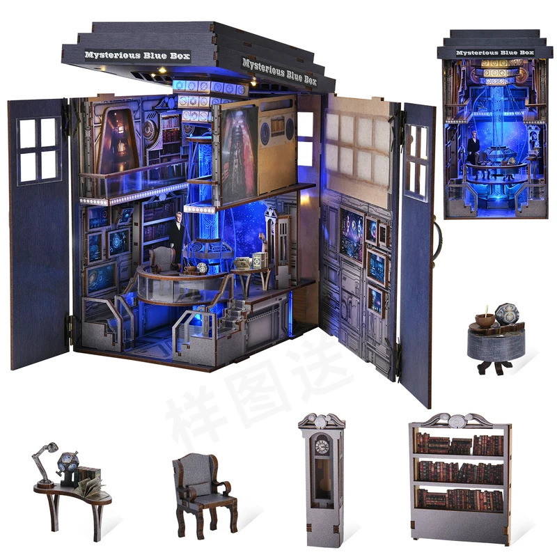 Kit DIY Book Nook Bookshop Kit Rumah Boneka Kayu dengan Pondok Telefon Misteri dan Rak Buku Berlampu, Hiasan Teka-Teki 3D Hadiah