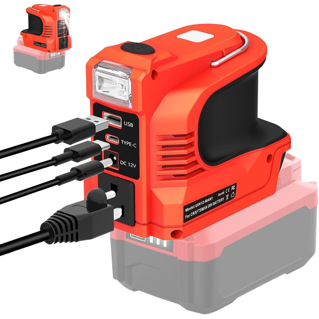 Inverter Kuasa untuk Bateri Craftsman 20V, Inverter Bekalan Kuasa Mudah Alih 220W DC 20V ke AC 120V untuk Bateri Craftsman V20 dengan USB&Type-C&Soket AC&Lampu LED