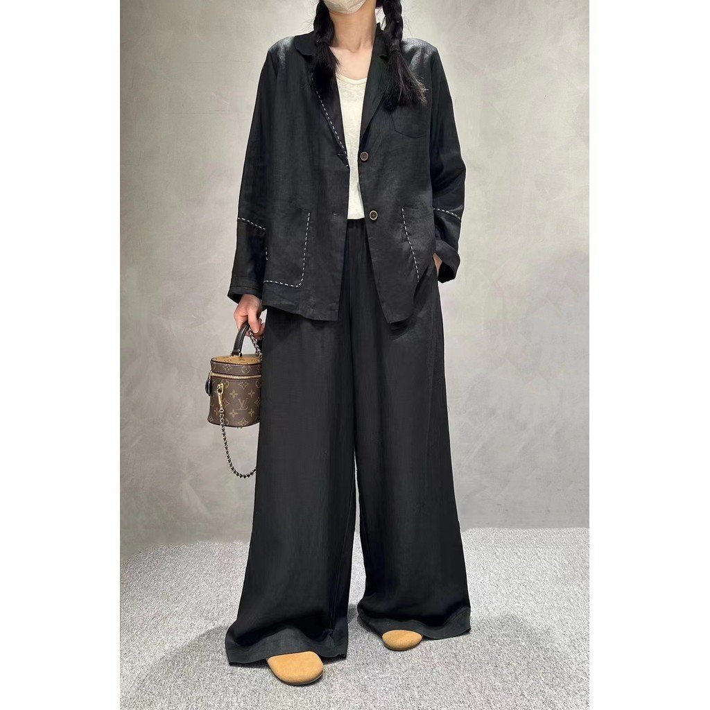 CZ2026 Summer Women's Long Sleeve Linen Suit Pants - Wide Leg & Pockets VUM6