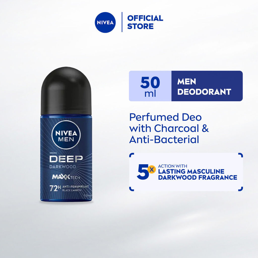 NIVEA MEN Deep Darkwood Deodorant Roll-On 50ml | 72H Charcoal + Bold Woody Masculine Scent