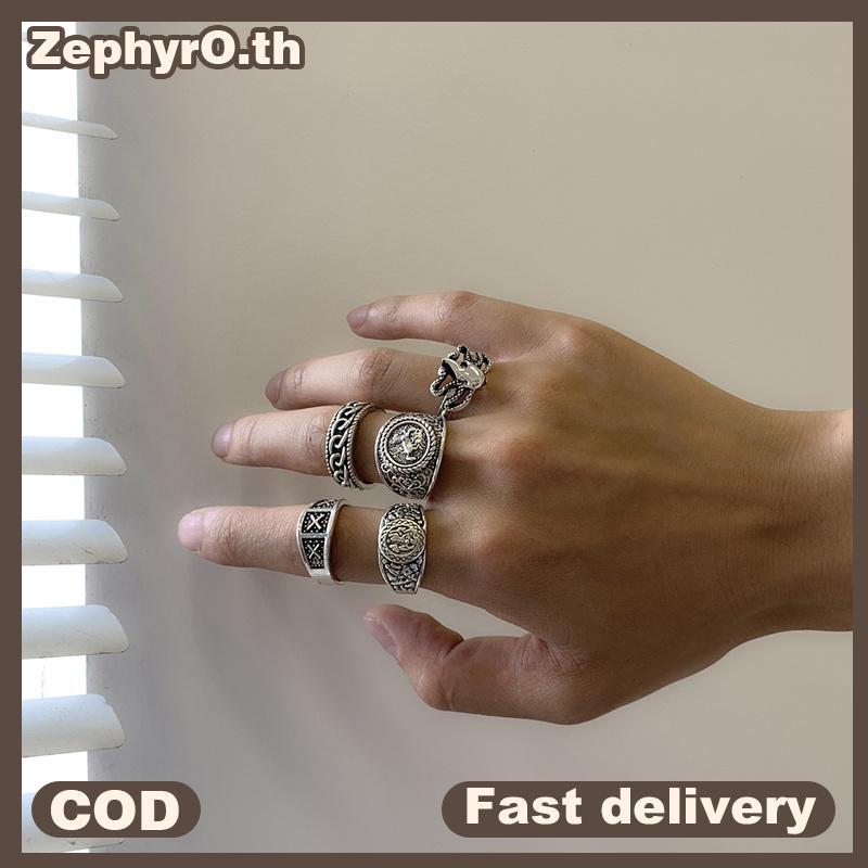 null Vintage Geometric Totem Men's Ring Set - 5-Piece Cool Metal Rings For Men, Trendy Symbolic Design null