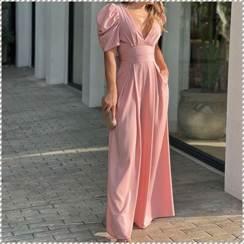 【Plus Size Flattering Design】Women's Casual Short Sleeve Wide Leg Jumpsuit Elegant Ladies Romper
