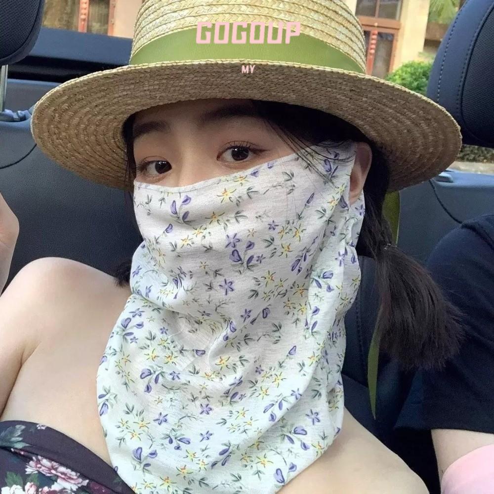 GOGUVO 1Pc Face Sunscreen , Ear Hook Style Small Floral Print Full Face ,  Breathable Thin Neck Cover Summer