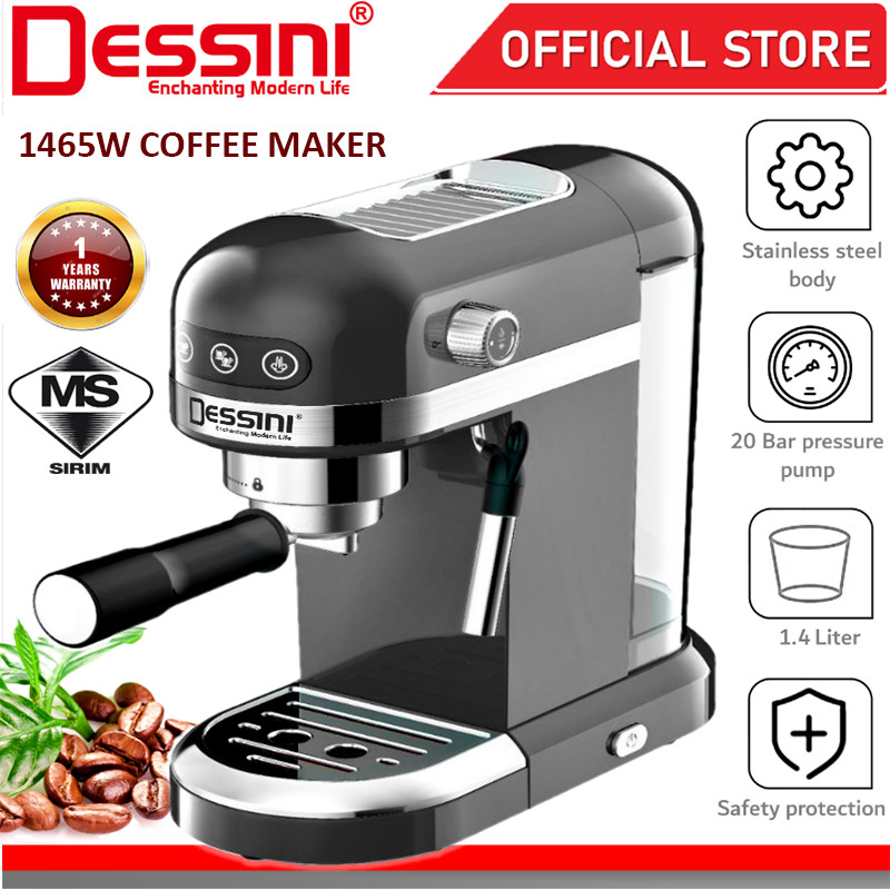 DESSINI ITALY 20 Bar 1.4L Espresso Coffee Maker Brew Froth Cappuccino Latte Machine Milk Frothing Bubble Steamer