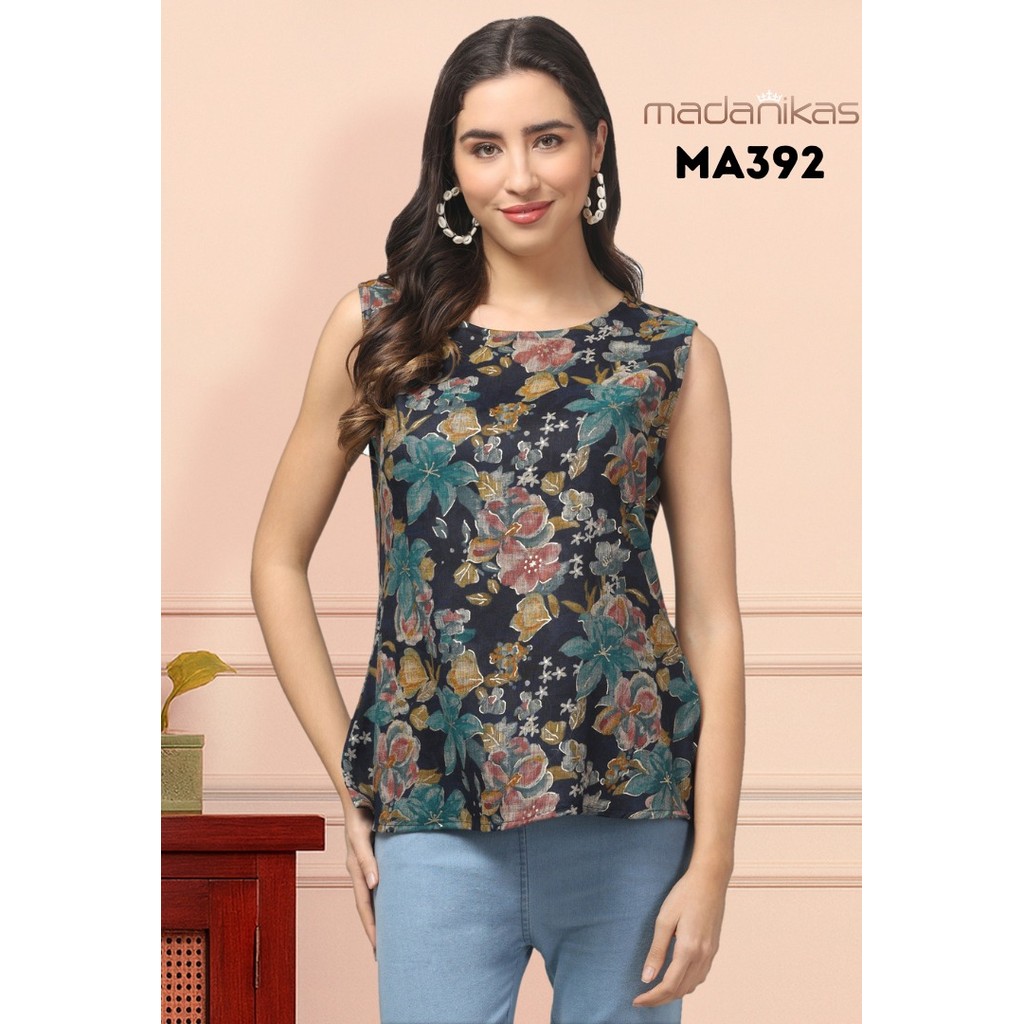 Madanikas Sleeveless Short Kurti with Floral & Geometric Print – Round Neck MA Series