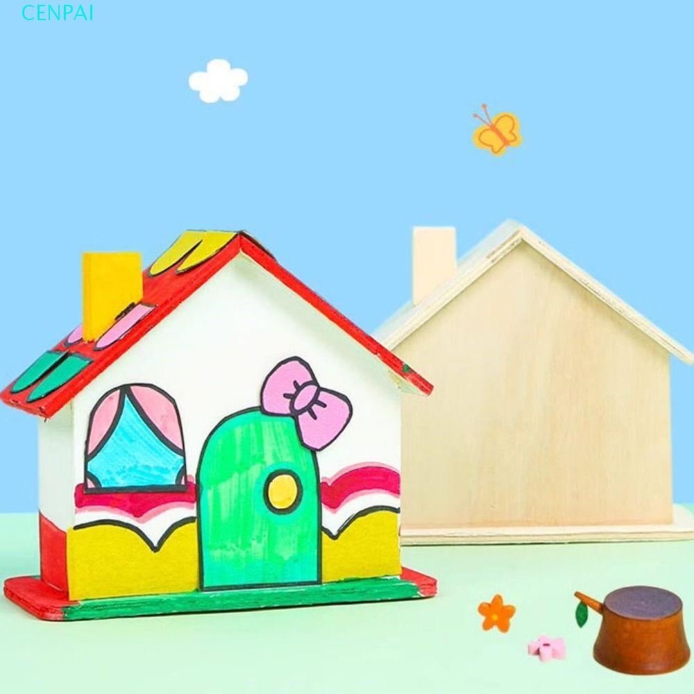 CENPAI Small House Piggy Bank, Wooden Unfinished DIY Painted Storage Jar, Funny Handmade DIY White Embryo House Mold Graffiti Toys