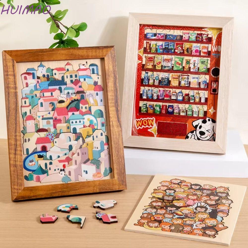 HUIMAO Wooden Wukong Jigsaw Puzzles, Brain Teaser Irregular Shaped Snack Stacked Shape Puzzles, Table Games Challenging Irregular Cartoon House Shape Puzzles Educational Toys