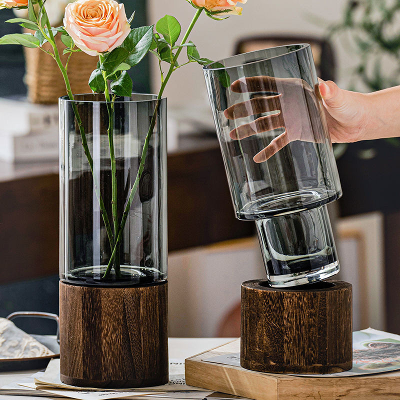 【Ship From Kuala Lumpur】花瓶 玻璃花瓶 ins風 木托花瓶 Simple Creative Wooden Holder Glass Vase Log Base Living Room Dining Table Hydroponic Fortune Bamboo Large Vase Living Room Packaging
