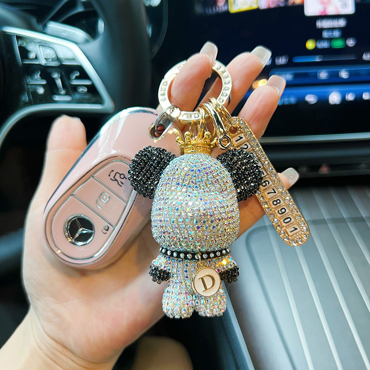 Creative Panda Elements Diamond-Studded Violent Bear Keychain Letter Optional Anti-Lost Number Plate Car Keychain Gift