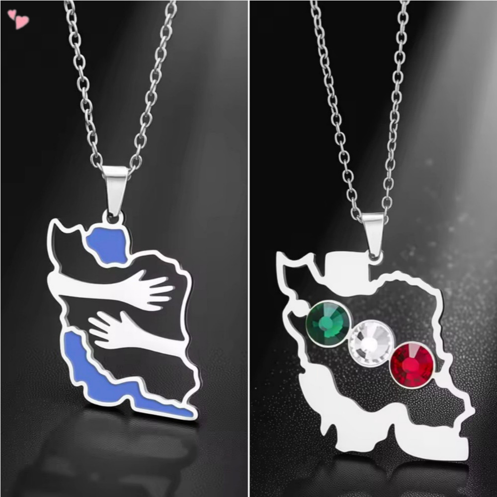 Stainless Steel Iran Map Pendant Necklace for Men Women Persian Flag Crystal Charm Jewelry Iranian Map Choker Gift