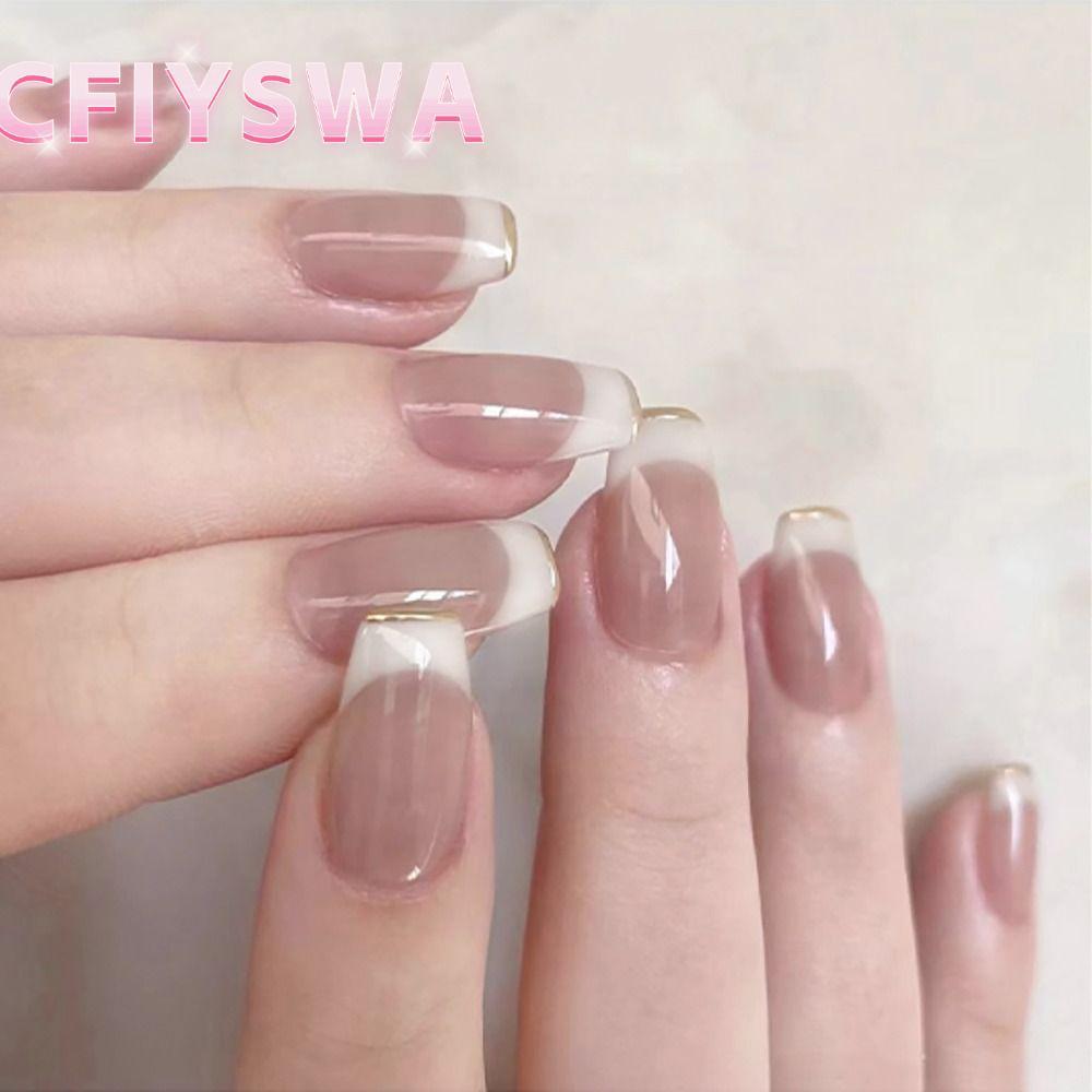 CFIYSWA 24PCS/BOX False Nail, Line Rhinrhinos with Jelly Stickers Fake Nail, Detachable Full Cover Gold Tinfoil Gradient Glitter Press on Nails for Women Girl