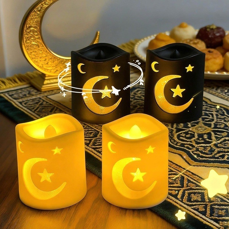 4pcs LED Eid Mubarak Lantern Lights,Ramadan Decoration Moon Star Castle Candle,Islamic Home Decor for Muslim Party Supplies