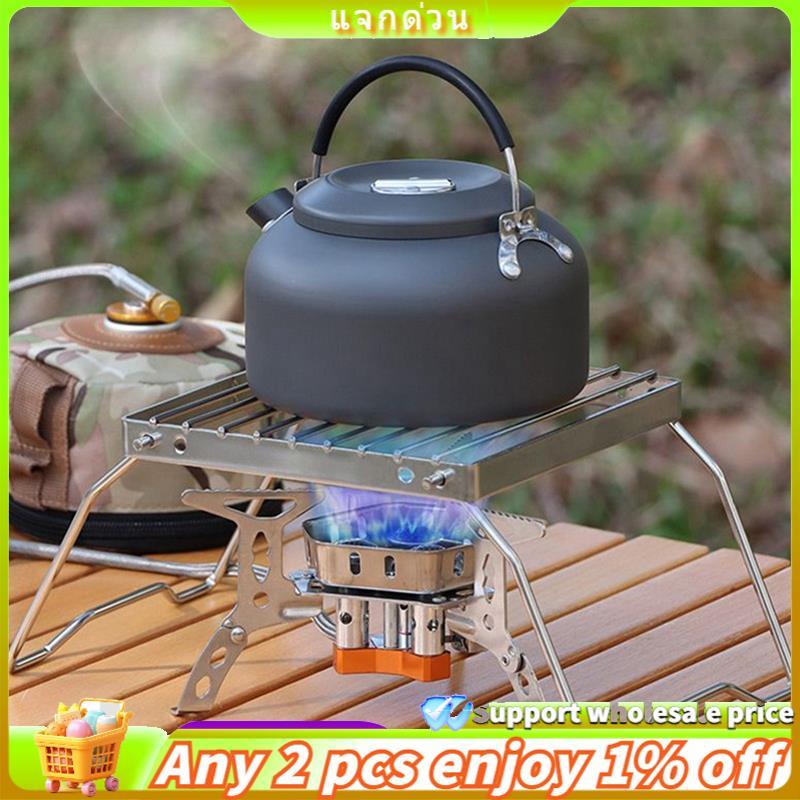 Portable Stainless Steel Stove Set Includes Folding Pot Rack, BBQ Grill Tray& Mini Camping Cookware with Kettle Bracket