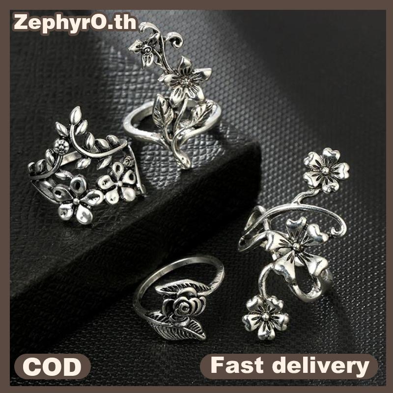 null 4pcs/set Antique Silver Color Vintage Bohemia Ring Set Rose Flower Rings null