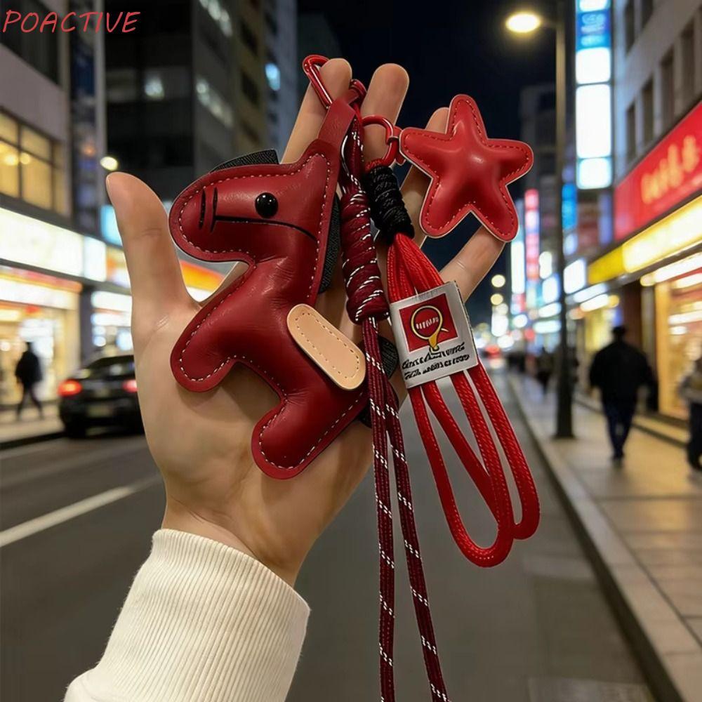POACTIVE‌ Leather Pony Bag Charm, Cartoon Design Vintage Style Pony Keychain, Bag Pendant PU Leather Lightweight Design Hanging Rope Horse Bag Pendant Mobile Phone Bag
