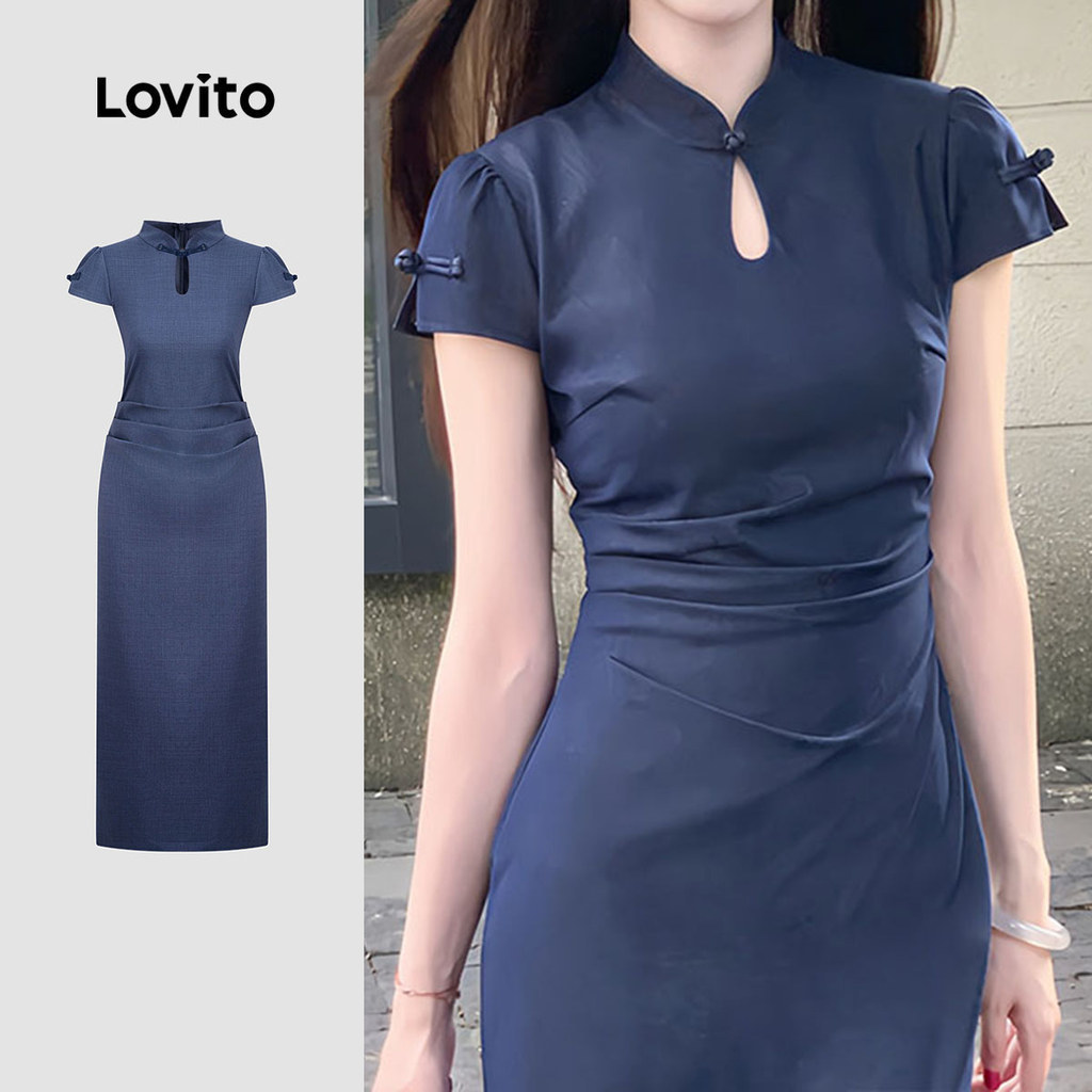 Lovito Casual Dress Chinese New Year Cut Out Ruched Spring/summer Blue Dress for Women L159AD140 Lovito Gaun Kasual Potongan Tahun Baru Cina Gaun Biru Musim Bunga/musim Panas Berumbai Untuk Wanita L159AD140