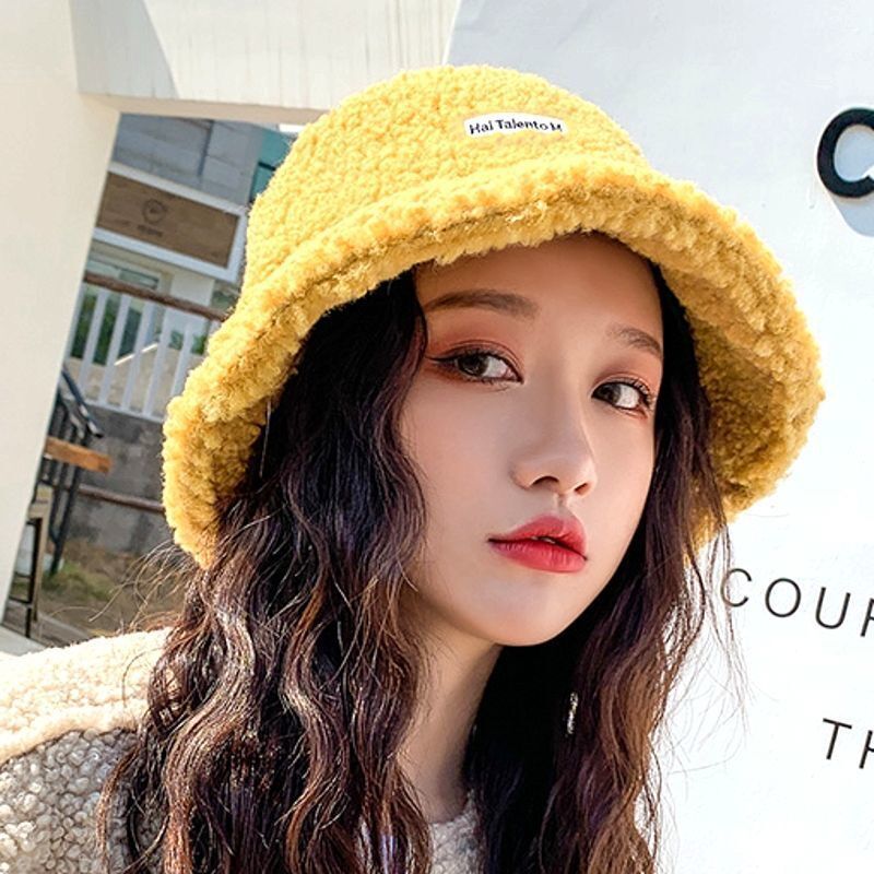 Korean Style Fuzzy Bucket Hat for Women, Warm Plush Winter Cap with Letter Logo, Fashionable