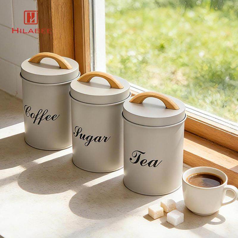 UsusexaMY] Tea Coffee Sugar Jar Storage Set Multifunctional Metal Kitchen Organizer wit…