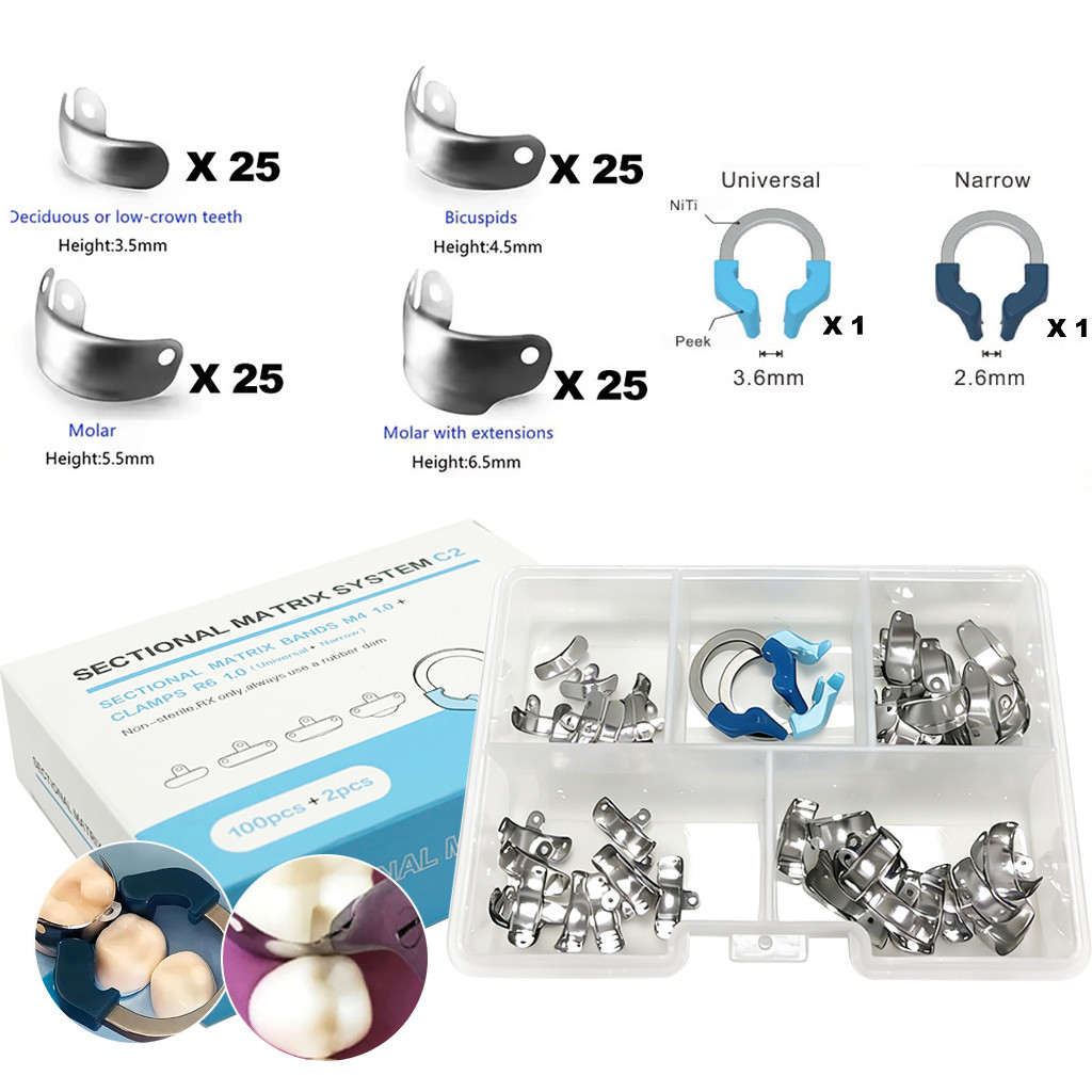 【New】102pcs/Set Dental Matrix Bands NITI Matrices Clamp Ring Sectional Contoured Matrix System Nickel Titanium Clamping Dental Laboratory Tools