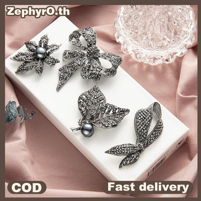 null Retro Bla Crystal Pearl Flower Bow Shape Brooch Scarf Pin Jewelry Accessories null