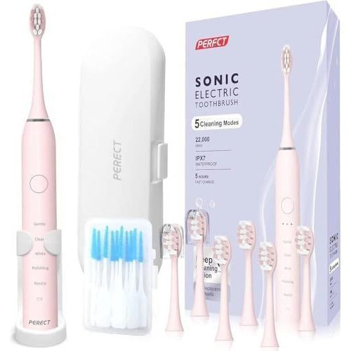 PERECT Ultrasonic Electric Toothbrush with 6 Brush Heads, 5 Modes Electric Toothbrush, Travel Rechargeable Power Toothbrush for Adults with Smart Timer &amp;Travel Case &amp; Soft