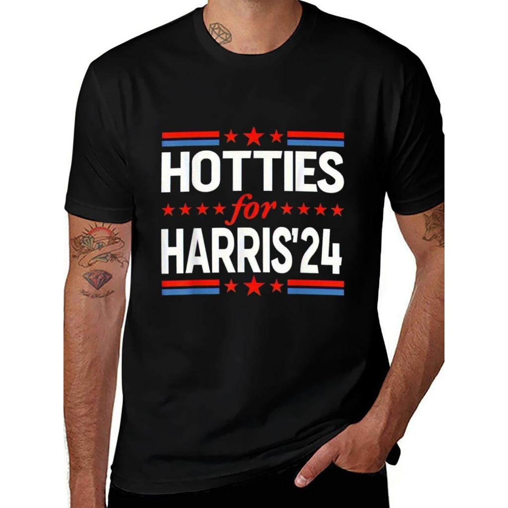 Men's Black Cotton T-Shirt with HOT TIES for HARRIS '24 Campaign-Style Print - Loose Fit Short Sleeve, Harris Logo Design, Machine Washable Streetwear Tee for Political Merchandise