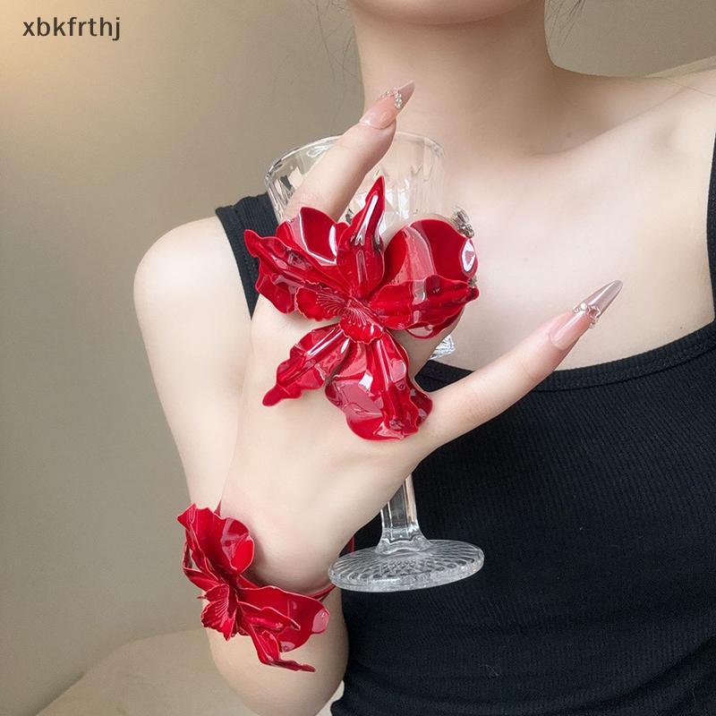 null Vintage Metal Red Large Flowers Open Ring&Bracelets For Women Exaggerated Party Accessories Fashion Jewelry Gift null