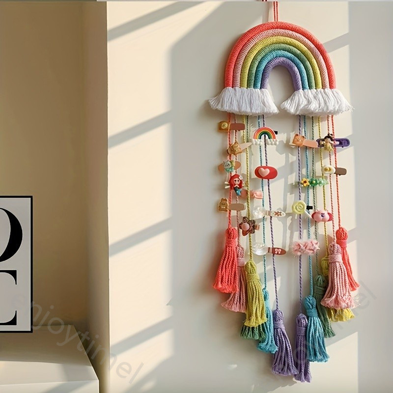 Vibrant Bohemian Rainbow Wall Hanging Handcrafted Macrame Colorful Bow Tassels & PomPoms Wall Decor for Home Room Classroom Dorm or Party