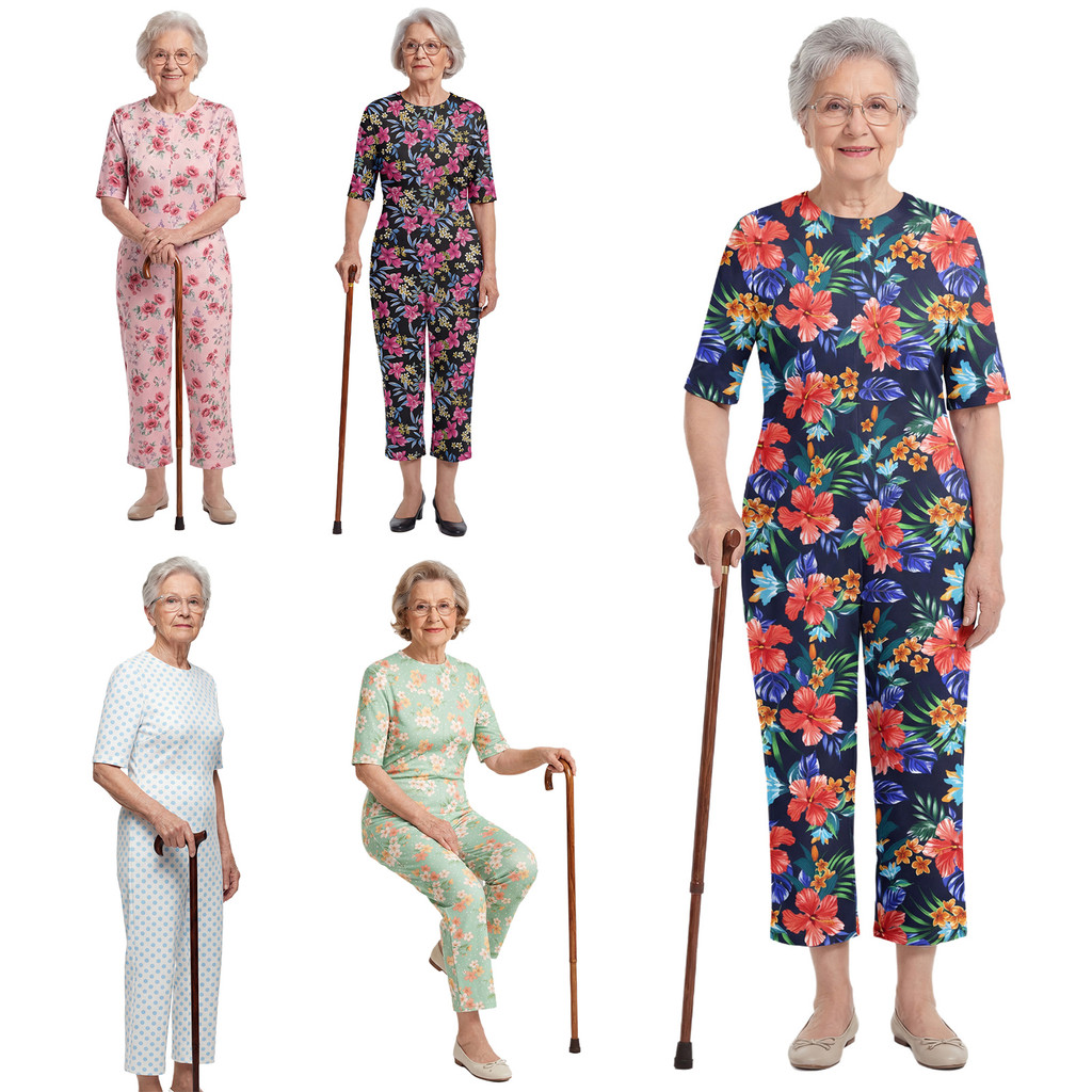 inhzoy Womens Elderly Nursing Floral Print Jumpsuit Short Sleeve Back Zipper Lounging-style Anti-strip Adaptive Rompers for Alzheimer Special Needs