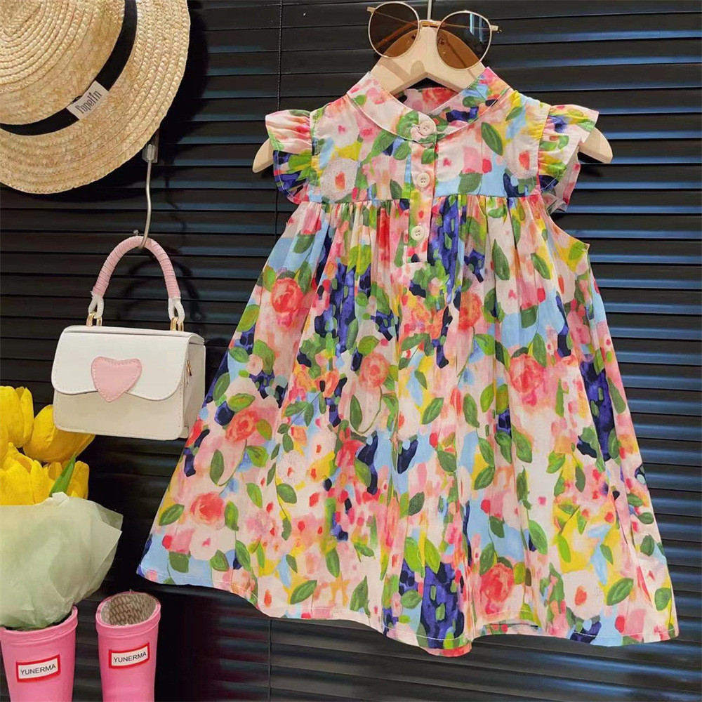 Children Clothing Summer Dress Garden Girls Small Flying Sleeve Flower Oil Painting Fashion Princess Flower Vest Dress