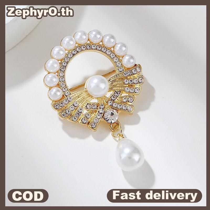 null Fashion Micro Inlaid Zircon Water Drop Round Pearl Brooch Pin For Women Clothing Accessories null