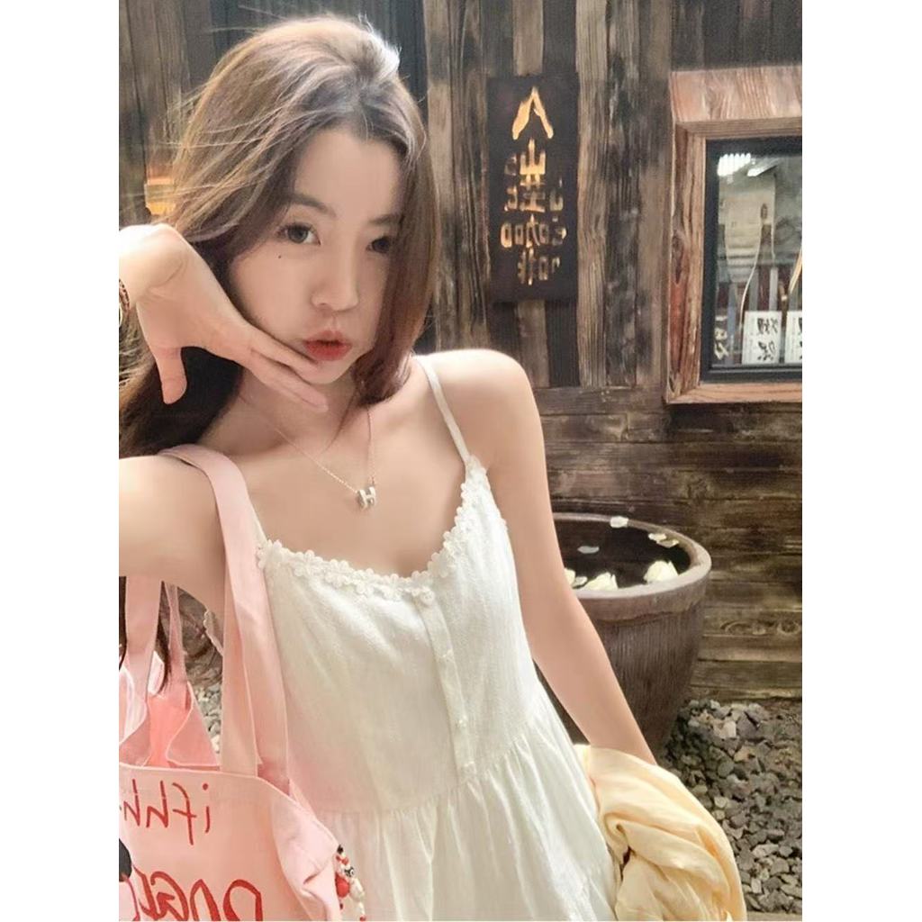 White Sling Dress - Summer 2025 Korean Style for Women | Seaside Vacation Fashion