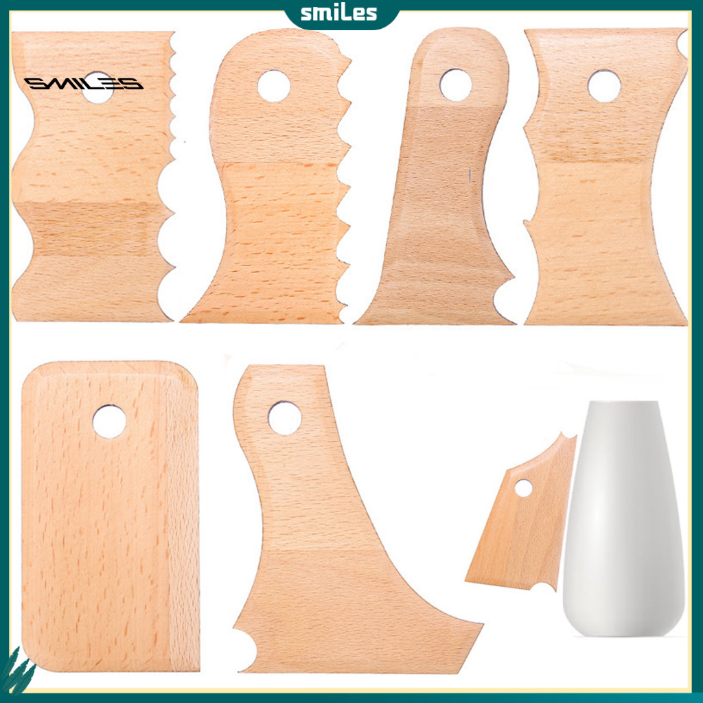 smiles| Artisan Pottery Tool Kit 7 Pcs Wooden Pottery Tools Set – Rib Foot Shaper Trimming Kit for Clay Carving Ceramic Crafting Sculpting Tools for Ceramic Artists and Diy