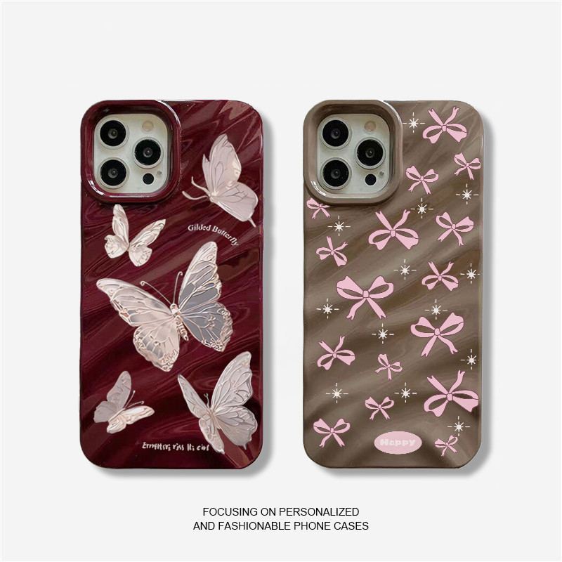 For iphone 17 16 15 Phone Case 11 12 13 14 Pro Max Casing Koleksi Pita Merah Jambu xr xs Max 7 8 Plus Luxury Silk Wavy P
