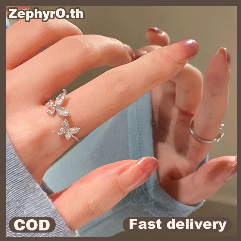 null Korean Luxury Sparkling Alloy Butterfly Rings For Women Fashion Jewelry Personality Niche Adjustable Open Wedding Party Jewelry null