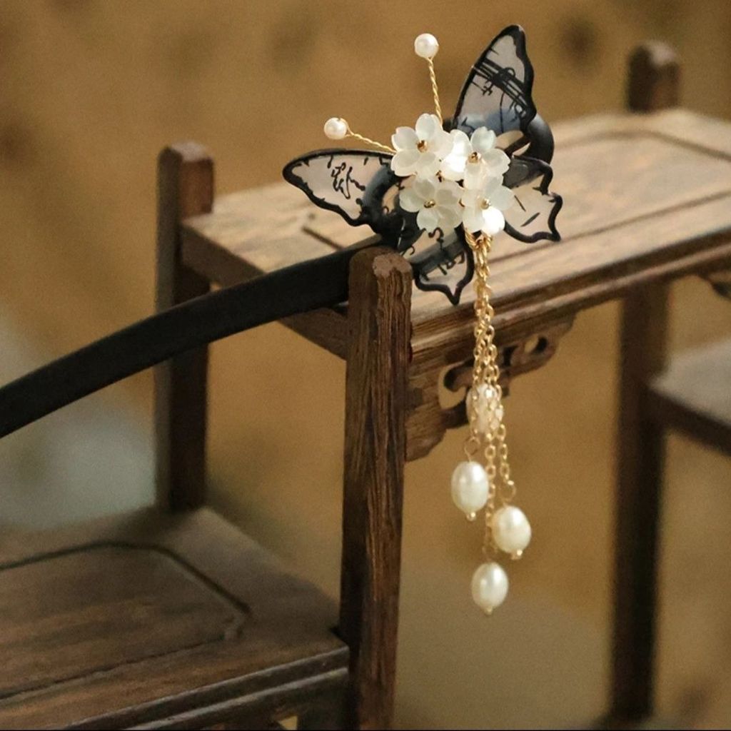Non-Metal Wooden Hair Accessories Antique Hairpin Hanfu Headdress Ancient Costume Wedding Hair Accessories Ebony Hairpin Ink Butterfly Chanting/1.28