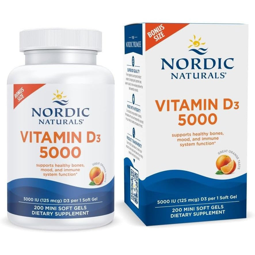 Nordic Naturals Vitamin D3 5000, Perisa Oren - 200 Kapsul Lembut Mini - Menyokong Kesihatan Tulang, Kestabilan Emosi, dan Sistem Imun - Vegan - Bukan GMO - 200 Hidangan
